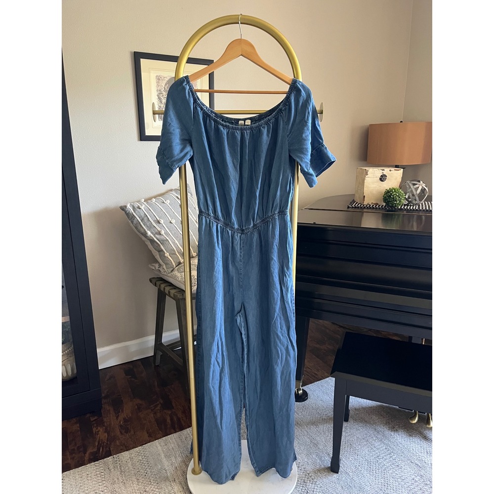 Tacera Blue chambray Lyocell Off Shoulder Wide Leg Jumpsuit